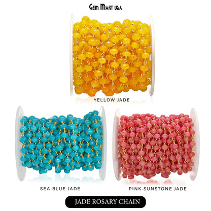 Dyed Jade Bead Faceted Crystal Round Rosary Chain Gold Plating, 5-6mm, 1+ ft