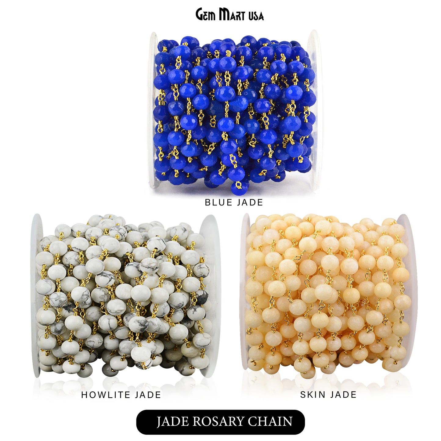Dyed Jade Bead Faceted Crystal Round Rosary Chain Gold Plating, 8mm, 1+ ft