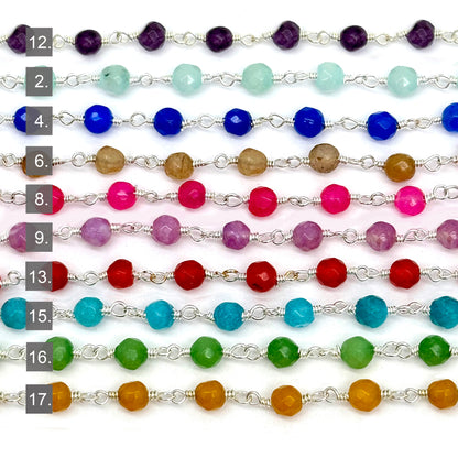 Dyed Jade Bead Faceted Crystal Round Rosary Chain Silver Plating, 4mm, 1+ ft