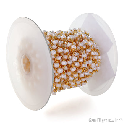 Synthetic Pearl Cabochon Beads 4mm Gold Wire Wrapped Rosary Chain