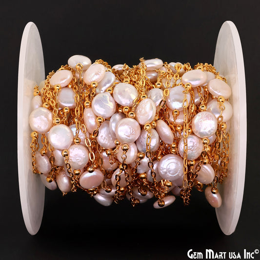 Pearl Round 10mm Gold Plated Link Bezel Connector Chain