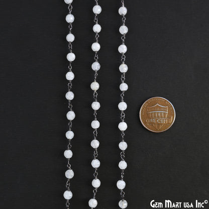 White Chalcedony Jade 4mm Faceted Beads Oxidized Wire Wrapped Rosary Chain