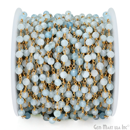 Aquamarine 4mm Gold Plated Wire Wrapped Gemstone Beads Rosary Chain