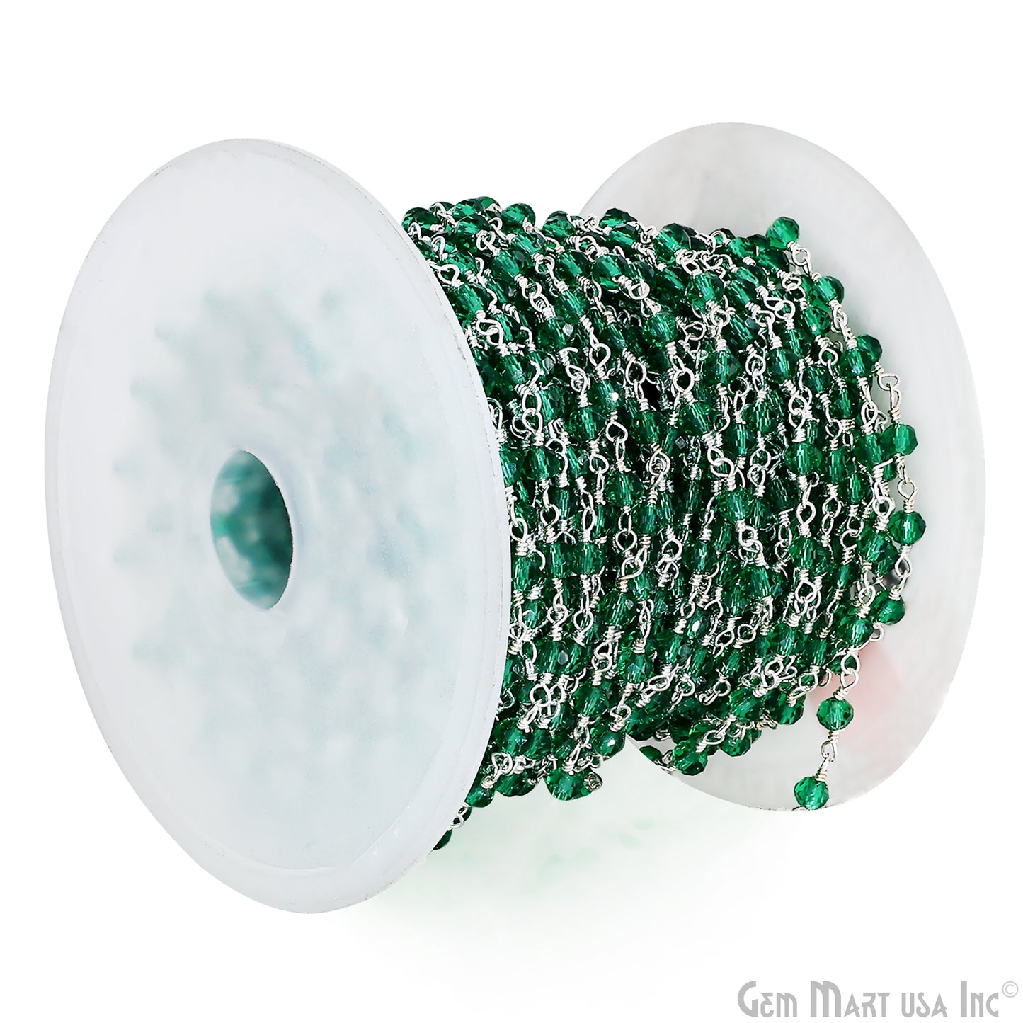 Green Zircon 3-3.5mm Faceted Beads Silver Wire Wrapped Rosary Chain