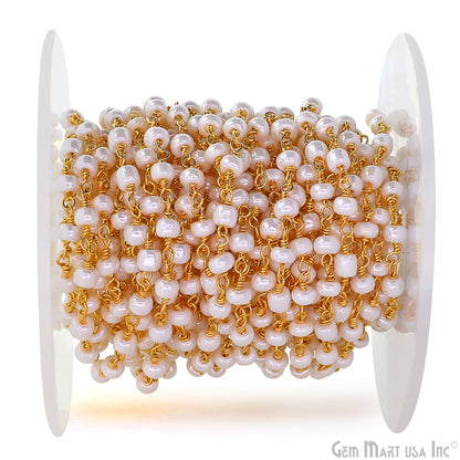 Synthetic Pearl Cabochon Beads 4mm Gold Wire Wrapped Rosary Chain
