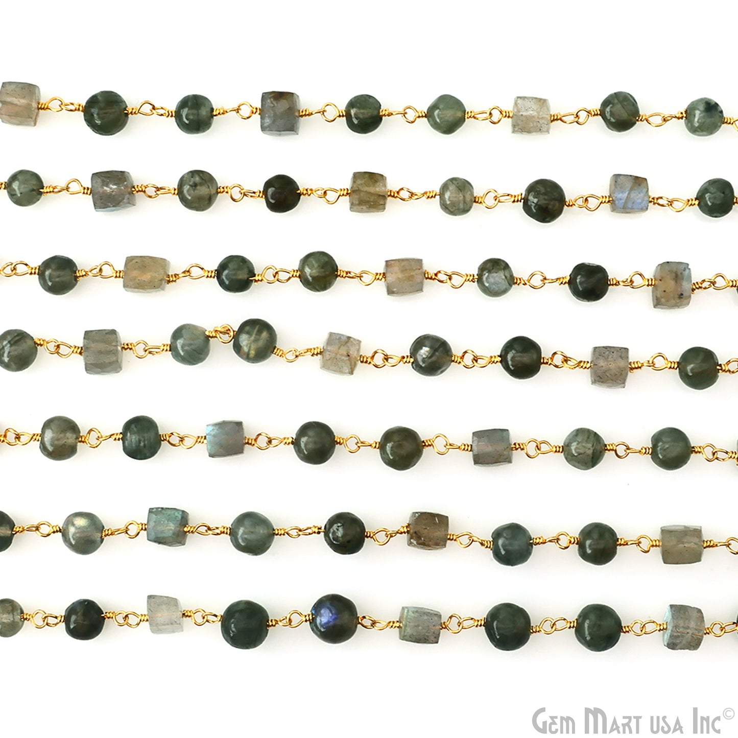 Labradorite Cabochon Round 5mm & Box 6mm Beads Gold Plated Rosary Chain
