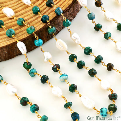 Chrysocolla and Pearl Rondelle Beads Gold Wire Wrapped Rosary Chain