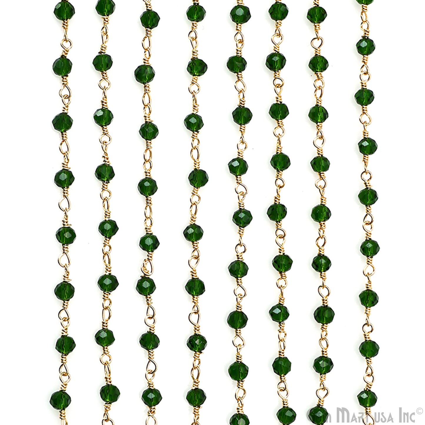 Green Zircon Faceted 3-3.5mm Gold Plated Beaded Wire Wrapped Rosary Chain