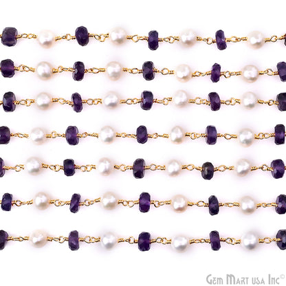 Amethyst With Pearl Gold Plated Wire Wrapped Beads Rosary Chain