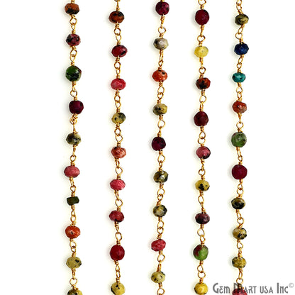 Multi Color Jade Round Faceted 4mm Gold Plated Wire Wrapped Rosary Chain