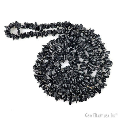 Black Tourmaline Chip Beads, 34 Inch, Natural Chip Strands, Drilled Strung Nugget Beads, 3-7mm, Polished, GemmartUSA (CHKT-70001)