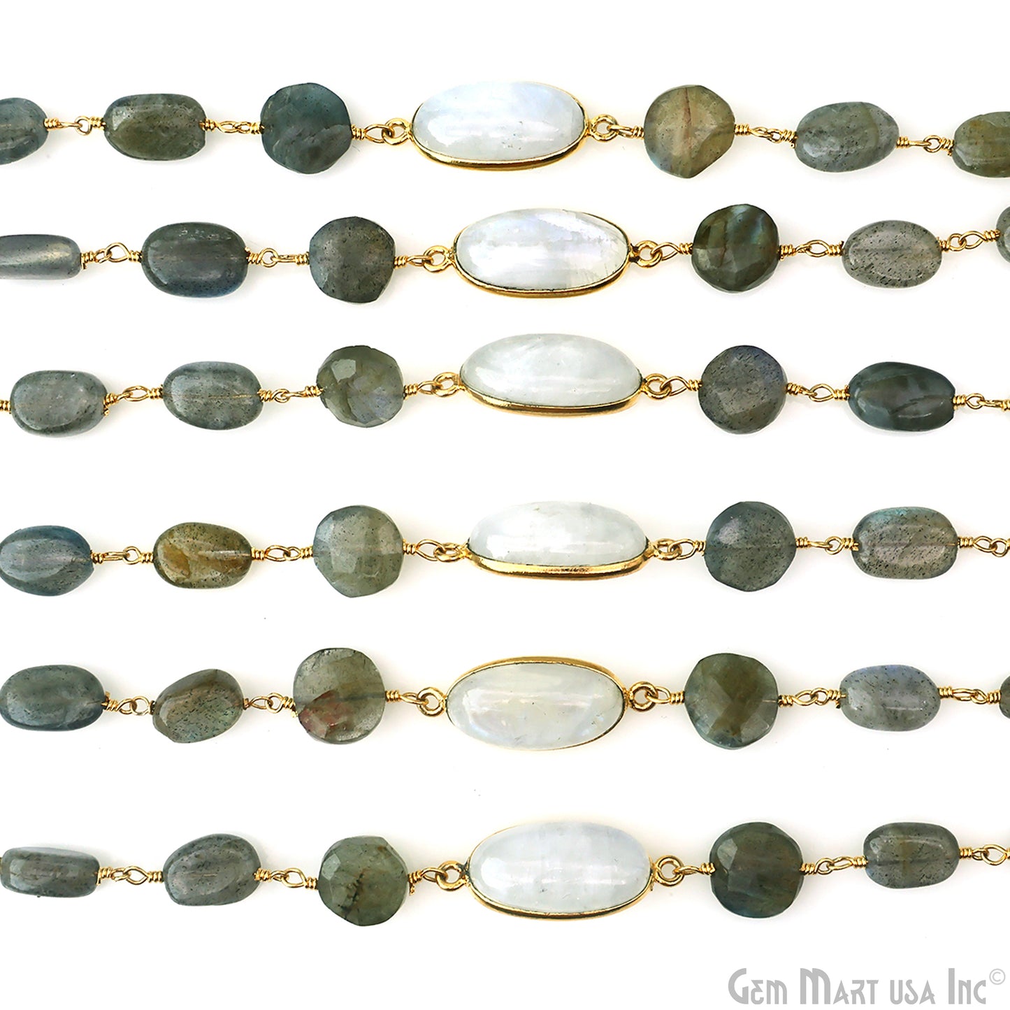 Labradorite & Rainbow Moonstone Bezel Gold Plated Wire Wrapped Rosary Chain