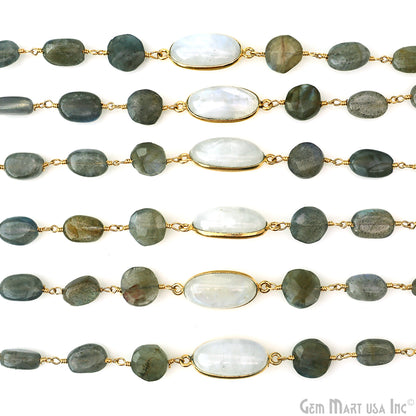 Labradorite & Rainbow Moonstone Bezel Gold Plated Wire Wrapped Rosary Chain