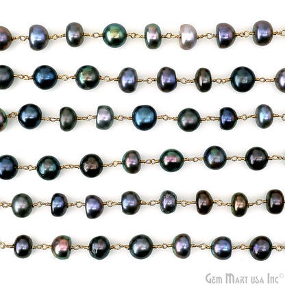 Black Pearl Cabochon Beads 8-9mm Gold Plated Gemstone Rosary Chain