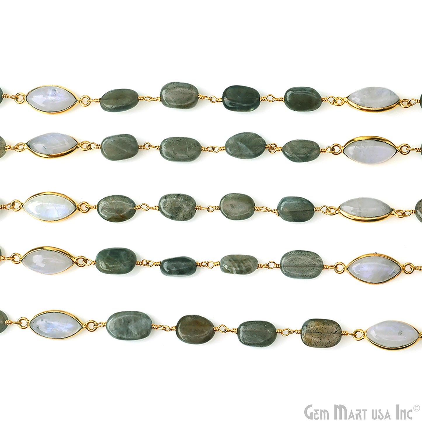 Labradorite Tumble & Rainbow Moonstone Bezel Gold Plated Wire Wrapped Rosary Chain