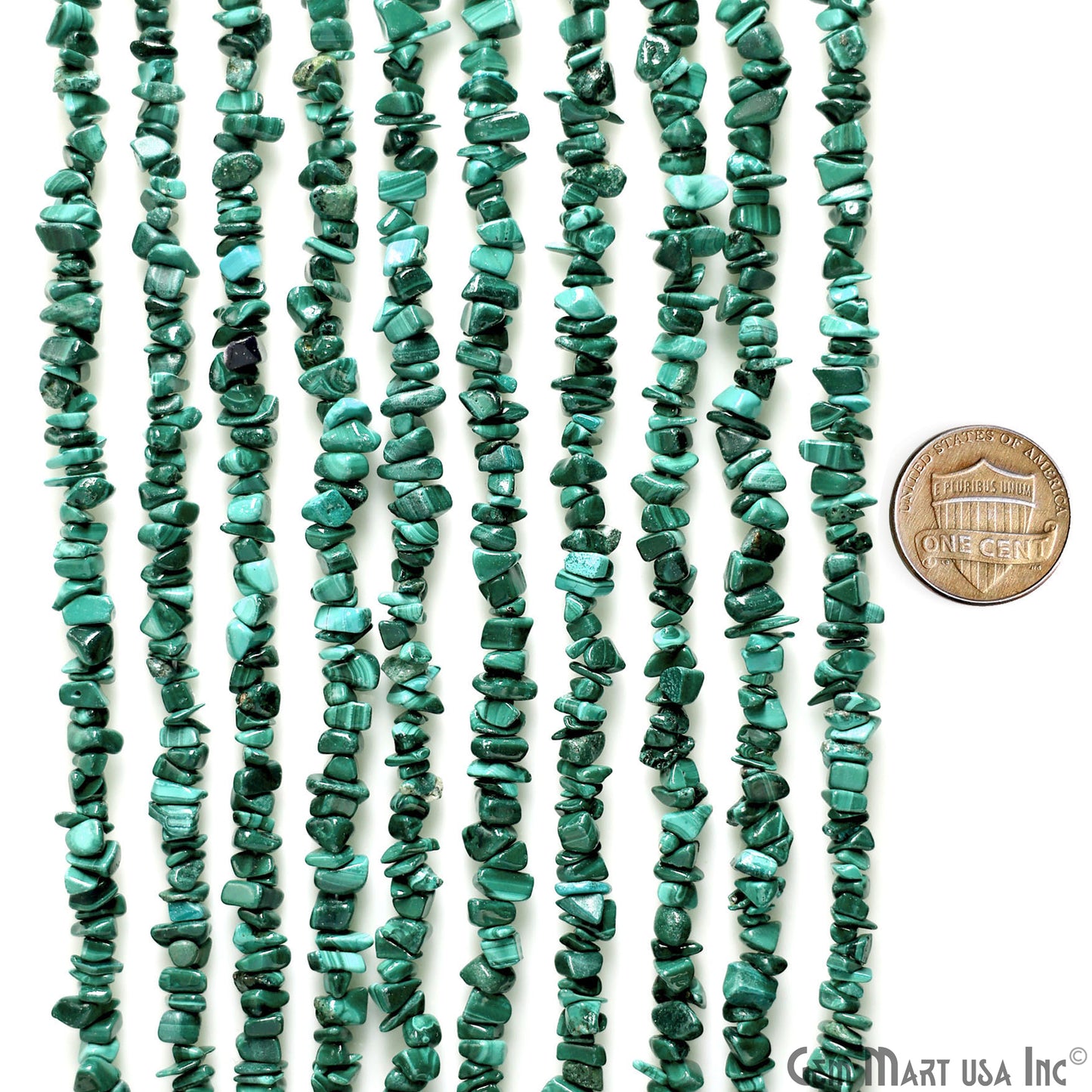 Malachite Chip Beads, 34 Inch, Natural Chip Strands, Drilled Strung Nugget Beads, 3-7mm, Polished, GemmartUSA (CHMC-70001)
