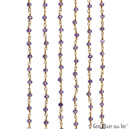 Pink Amethyst 3-3.5mm Gold Plated Beaded Wire Wrapped Rosary Chain