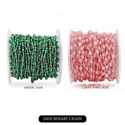Dyed Jade Bead Faceted Crystal Round Rosary Chain Silver Plating, 4mm, 1+ ft