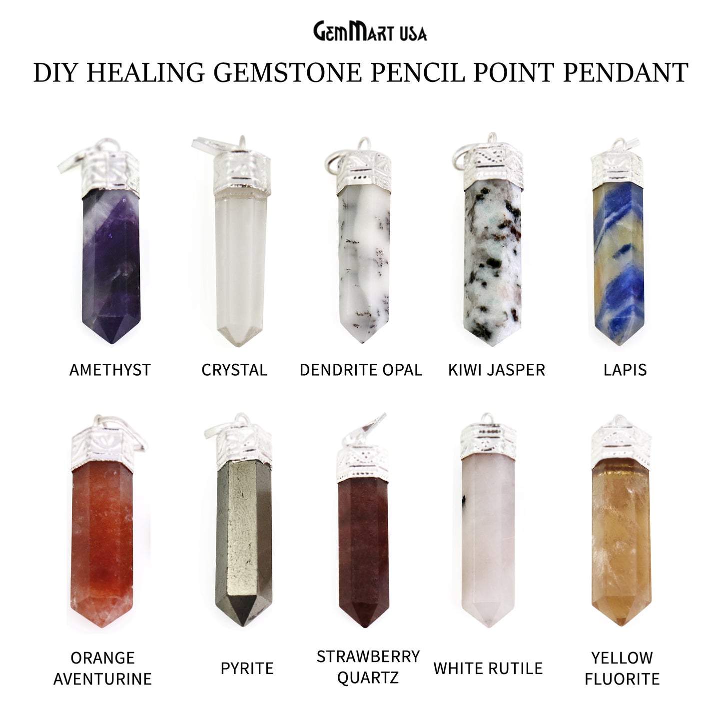 DIY Healing Gemstone 40x9mm Silver Pencil Point Ornate Pendant 1pc