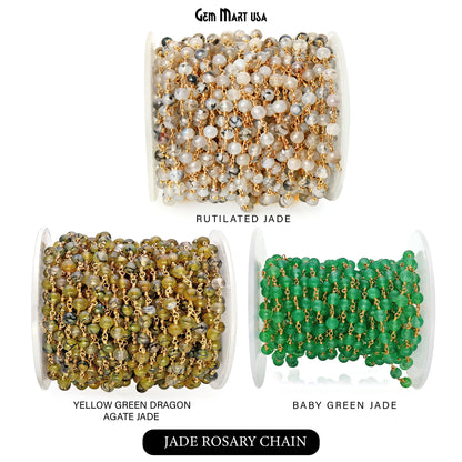 Dyed Jade Bead Faceted Crystal Round Rosary Chain Gold Plating, 5-6mm, 1+ ft