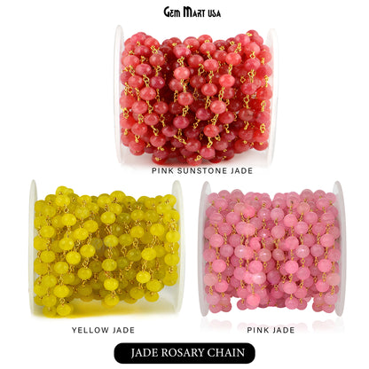 Dyed Jade Bead Faceted Crystal Round Rosary Chain Gold Plating, 8mm, 1+ ft