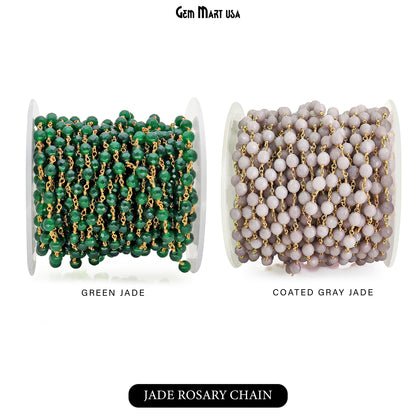 Dyed Jade Bead Faceted Crystal Round Rosary Chain Gold Plating, 5-6mm, 1+ ft