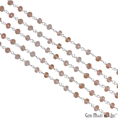 Sunstone 4mm Round Faceted Beads Silver Wire Wrapped Rosary