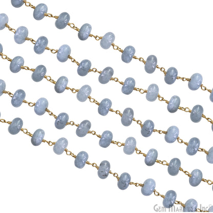 Baby Blue Jade Cabochon 8-9mm Gold Wire Wrapped Rosary Chain