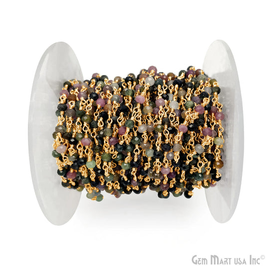 Multi Tourmaline Beads 3-3.5mm Gold Wire Wrapped Rosary Chain