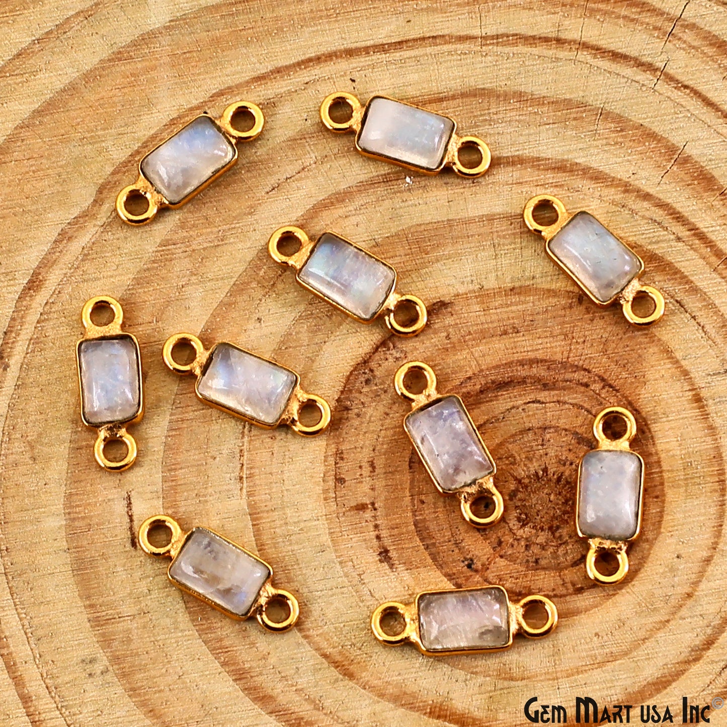 Rainbow Moonstone Cabochon 6x4mm Rectangle Gold Plated Bezel Connector