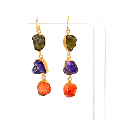 Rough Gemstone Bezel Setting 51x9mm Gold Plated Long Dangle Earring Pair Connectors