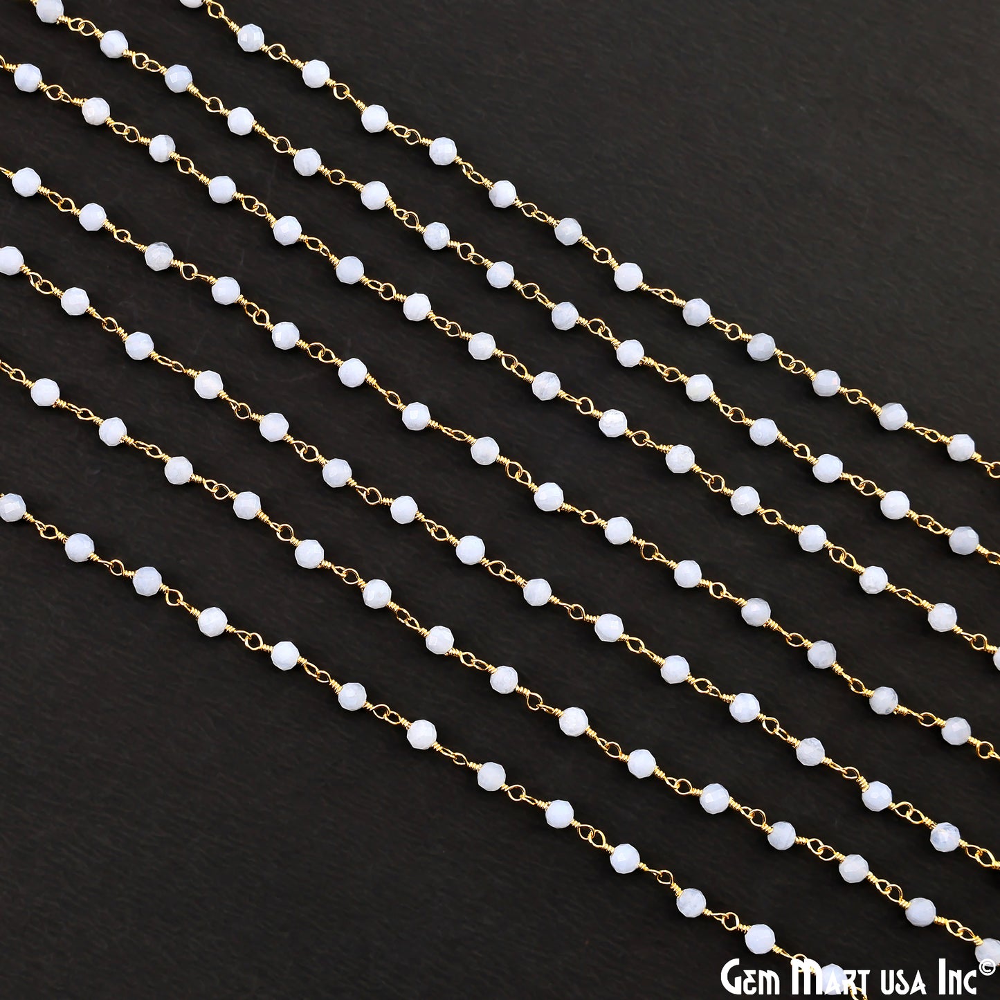 Blue Lace Agate 3-3.5mm Gold Plated Beaded Wire Wrapped Rosary Chain