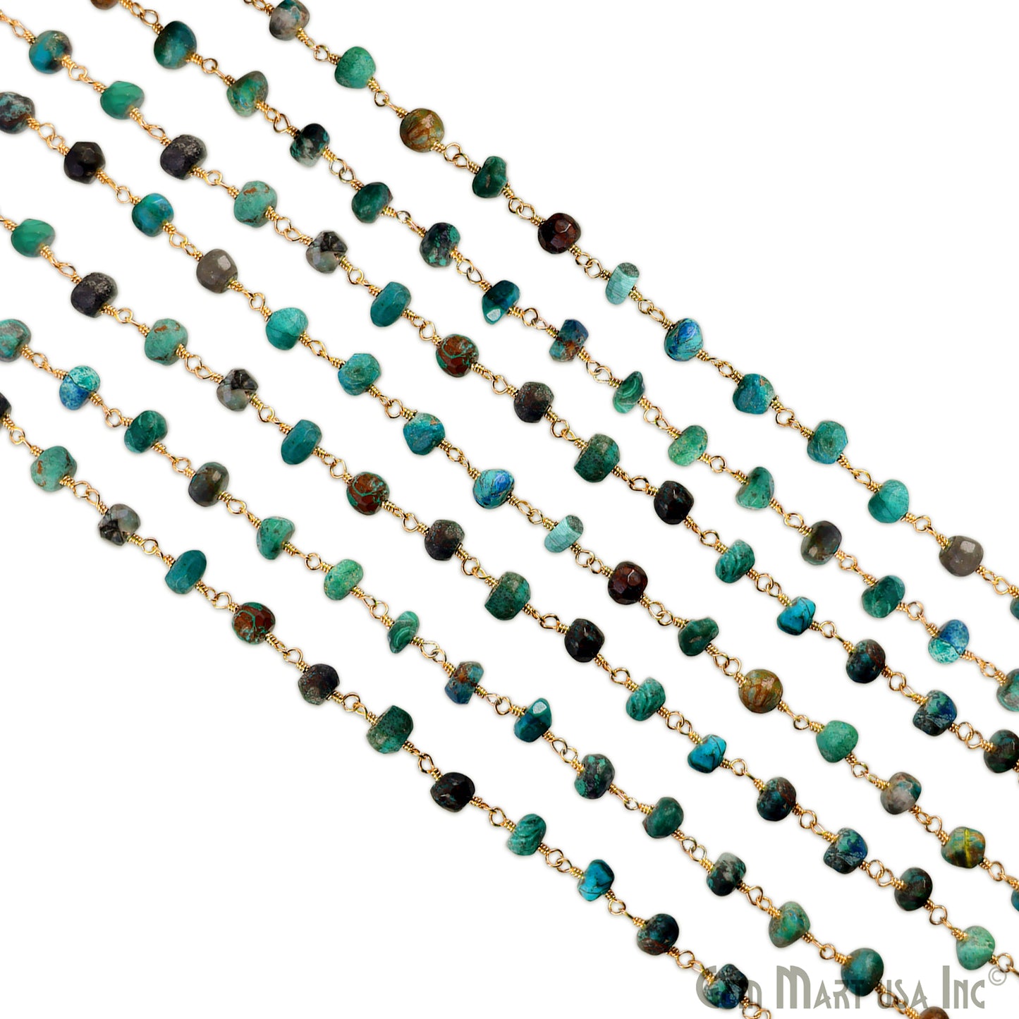 Chrysocolla Faceted 5-6mm Gold Wire Wrapped Beads Rosary Chain