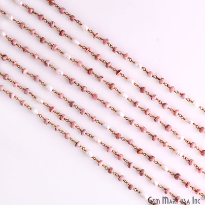 Rhodochrosite With Pearl Gold Wire Wrapped Beads Rosary Chain