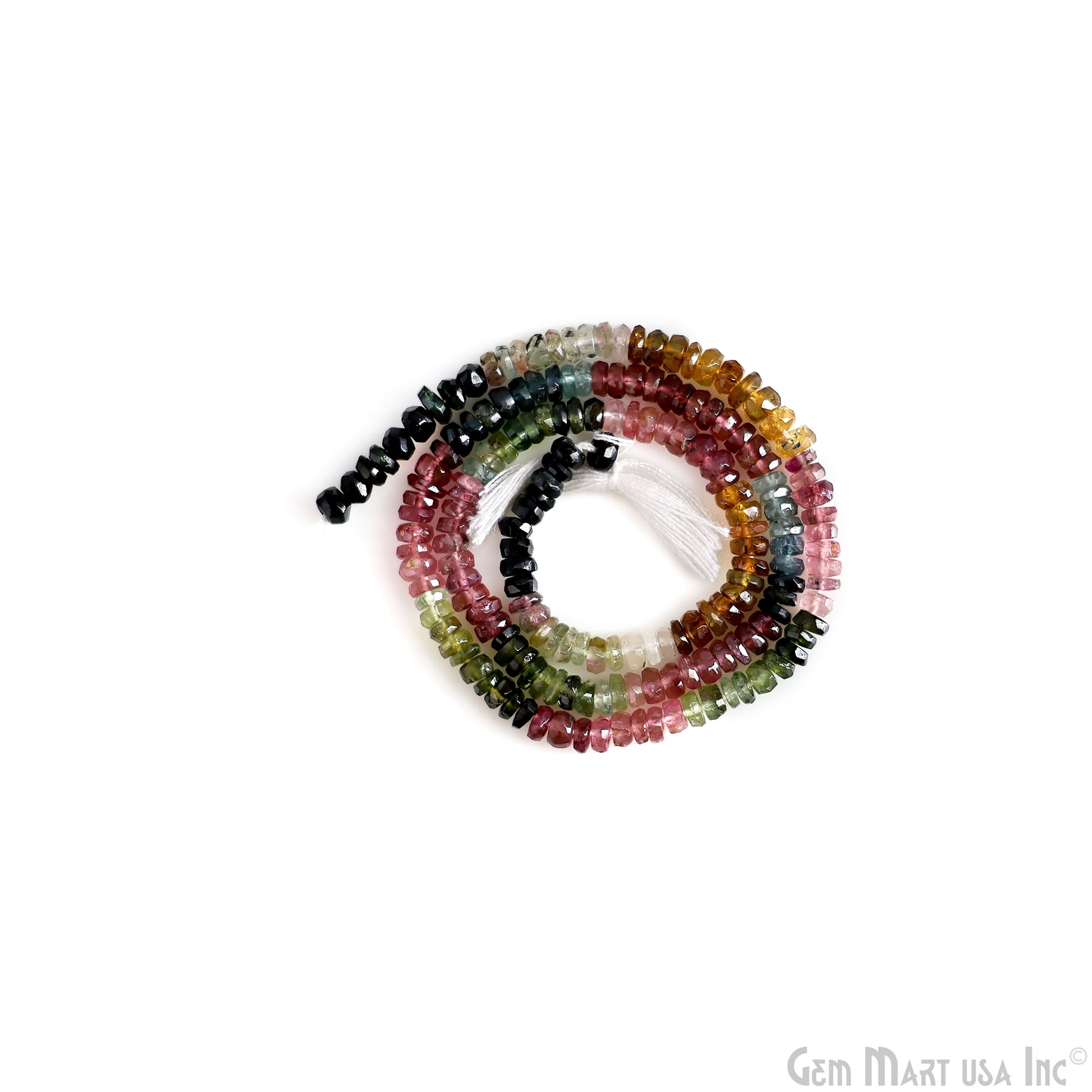 Image of a Tourmaline Beads For Bracelet and Necklace Jewelry Project. Center Drilled, Close-up view of a 13-inch strand of 4mm Multi Tourmaline Rondelle Beads, displaying the beads' colorful hues and faceted cuts.