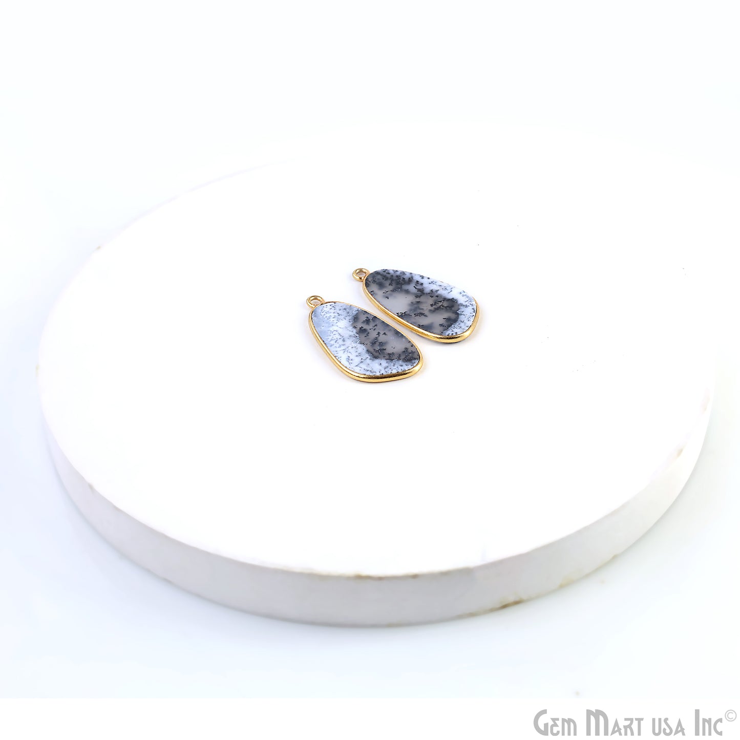 Dendrite Opal Free Form Gold Plated Single Bail Bezel Smooth Slab Slice Thick Gemstone Connector 29x16mm 1 Pair