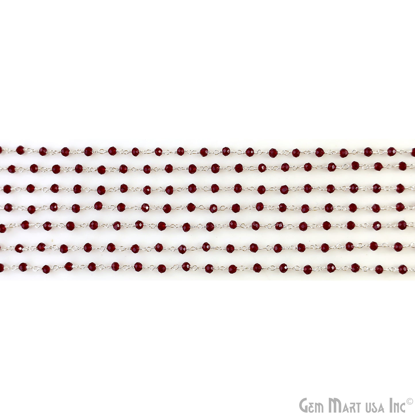 Garnet Color 3-3.5mm Tiny Beads Silver Plated Wire Wrapped Rosary Chain