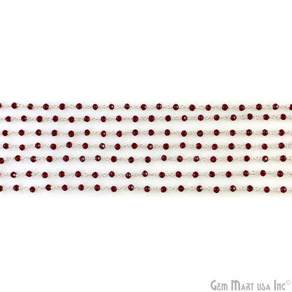 Garnet Color 3-3.5mm Tiny Beads Silver Plated Wire Wrapped Rosary Chain