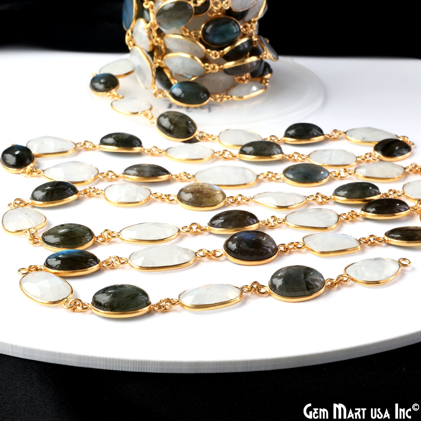 Rainbow Moonstone 10-15mm Faceted & Labradorite Oval 10x14mm Cabochon Bezel Link Connector Chain