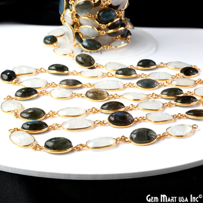 Rainbow Moonstone 10-15mm Faceted & Labradorite Oval 10x14mm Cabochon Bezel Link Connector Chain