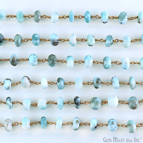 Larimar Faceted 8-9mm Gold Plated Beaded Wire Wrapped Rosary Chain