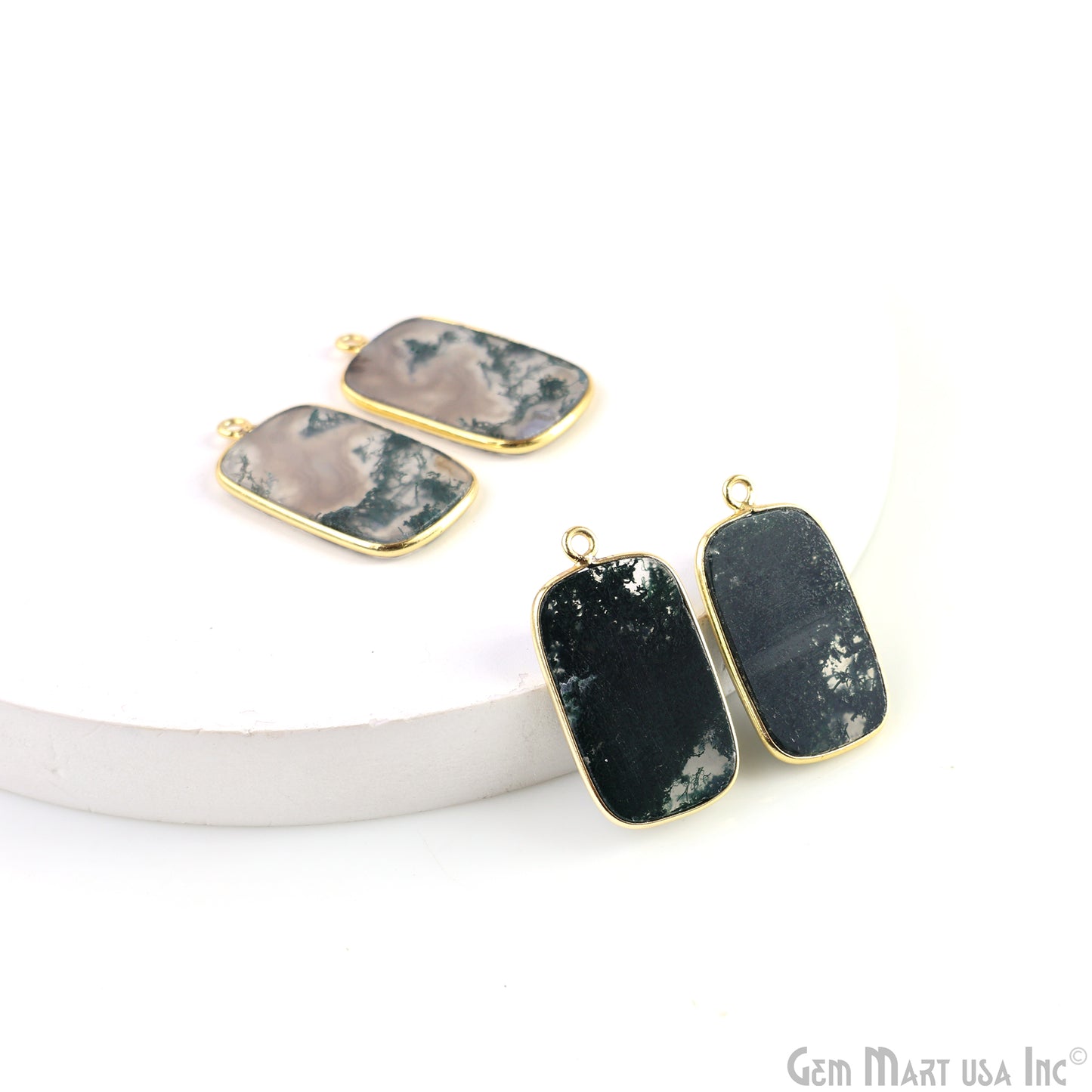 Moss Agate Octagon Gold Plated Single Bail Bezel Smooth Slab Slice Thick Gemstone Connector 30x17mm 1 Pair
