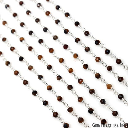 Tiger Eye 2.5-3mm Tiny Beads Silver Plated Wire Wrapped Rosary Chain