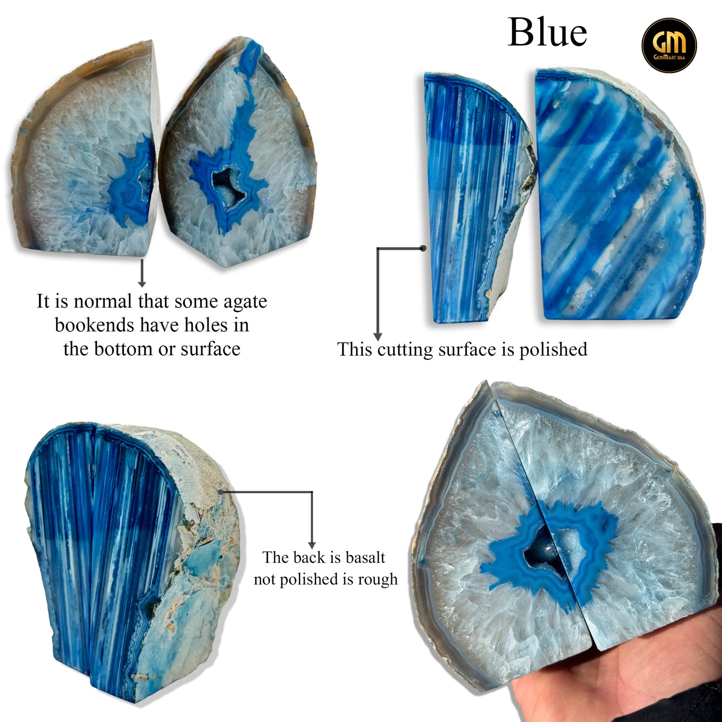 Natural Blue Agate Geode Bookend Pair (2-4lbs, 4-6inch) Home Decor *Ships Free