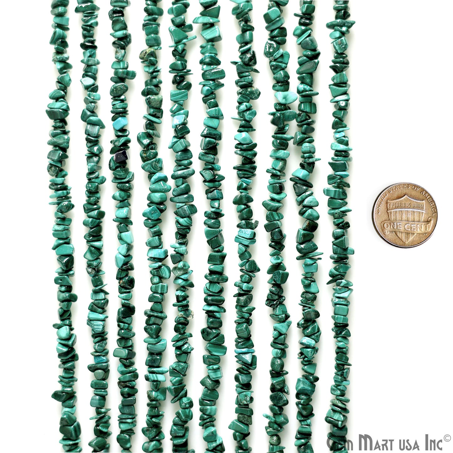 Malachite Chip Beads, 34 Inch, Natural Chip Strands, Drilled Strung Nugget Beads, 3-7mm, Polished, GemmartUSA (CHMC-70001)