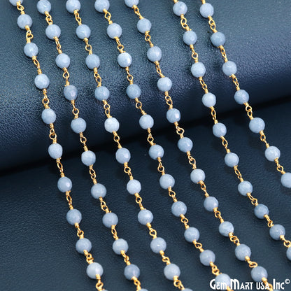 Blue Lace Agate Jade Faceted Beads 4mm Gold Wire Wrapped Rosary Chain