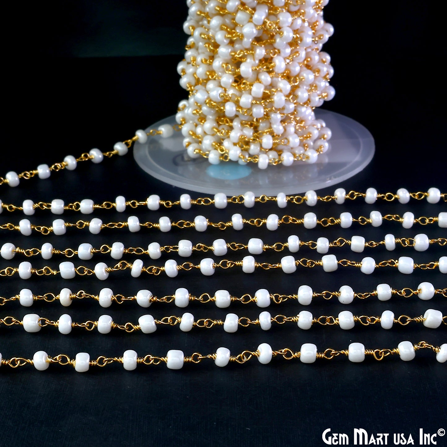 Synthetic Pearl Cabochon Beads 4mm Gold Wire Wrapped Rosary Chain