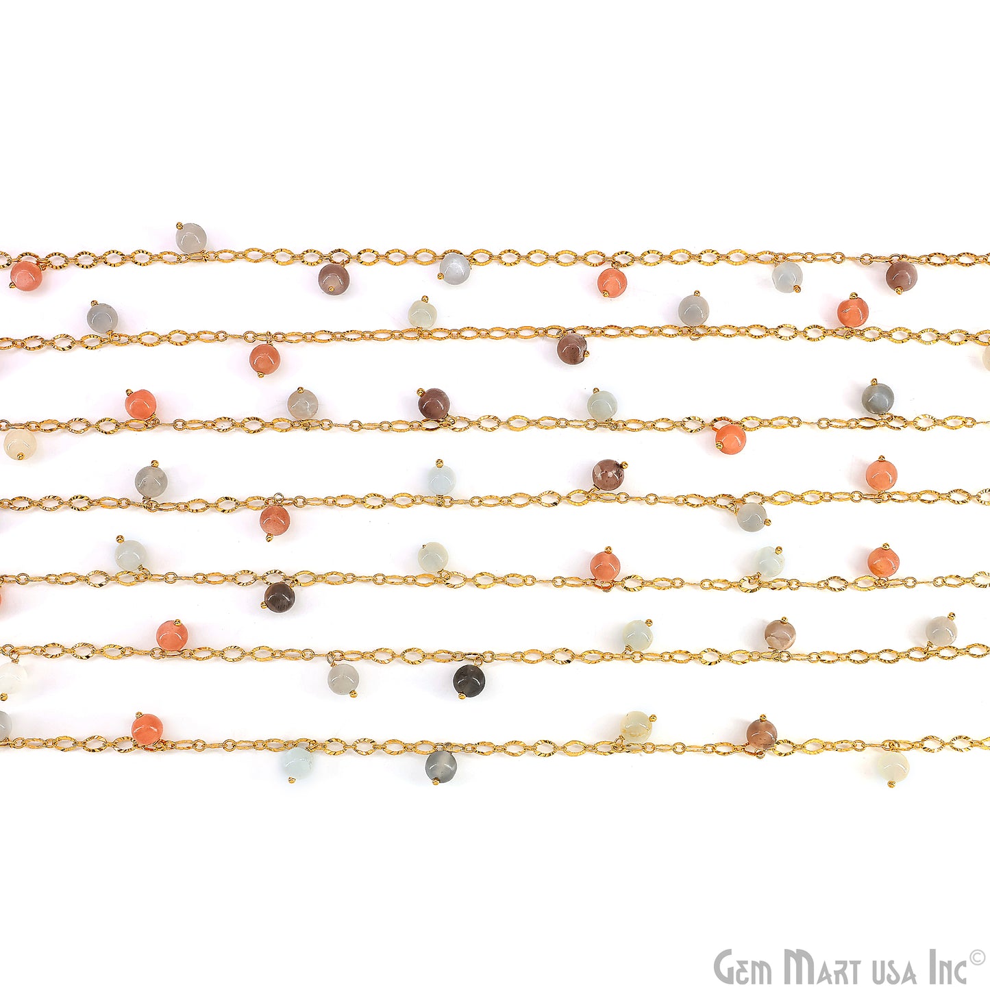 Multi Moonstone Cabochon Round Beads 5-6mm Gold Wire Wrapped Dangle Rosary Chain