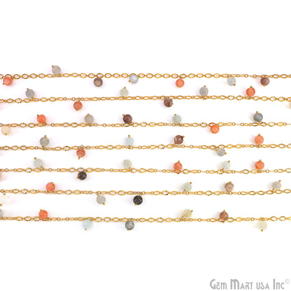 Multi Moonstone Cabochon Round Beads 5-6mm Gold Wire Wrapped Dangle Rosary Chain