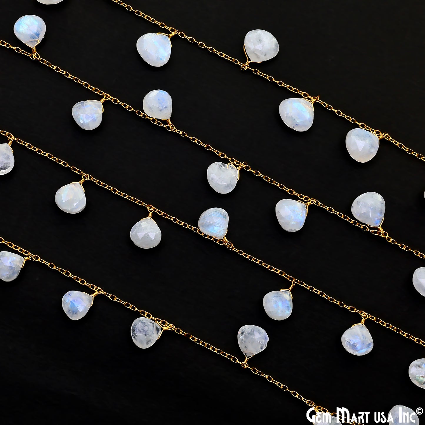 Rainbow Moonstone Heart Beads 10-12mm Gold Wire Wrapped Cluster Dangle Rosary Chain